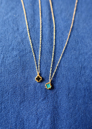 14k gold-plated sterling silver mini cross necklaces in either black or turquoise with enamel paint handmade in Greece. Greek jewelry, black cross necklace, turquoise cross necklace