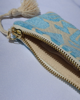 Small pouch with a zipper and decorative geometric blue pattern made in Greece