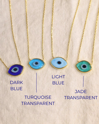 Murano glass evil eye necklaces made in Greece. Greek mati necklaces in light blue, dark blue, turquoise and green