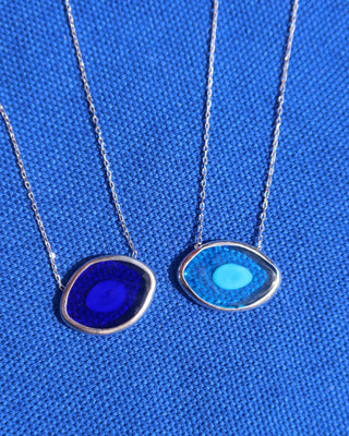 Two sterling silver 925 murano glass evil eye necklaces in dark blue and light blue made in Greece, Greek mati jewelry