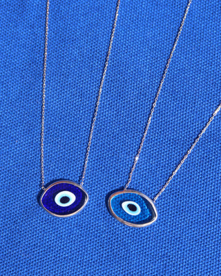 Two sterling silver 925 murano glass evil eye necklaces in dark blue and light blue made in Greece, Greek mati jewelry