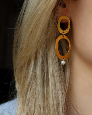 Gold oval drop earrings with a freshwater pearl made in Greece, Greek jewelry statement earrings