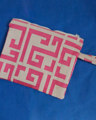 Pink Greek Key Print Wristlet/Small Clutch Bag
