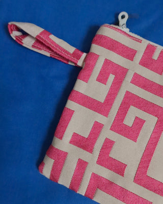 Pink Greek Key Print Wristlet/Small Clutch Bag