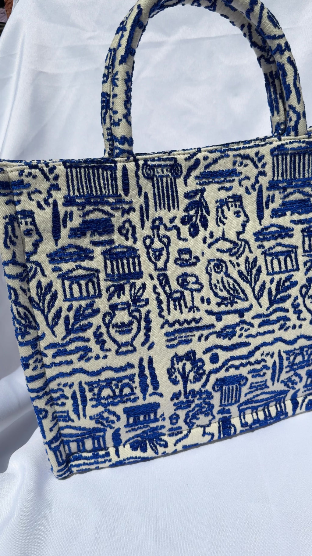 Large woven handbag with ancient Greece print (parthenon, olive trees and branches, owl of athena, vases, Ionic columns, etc) made in Greece. Greek handbag