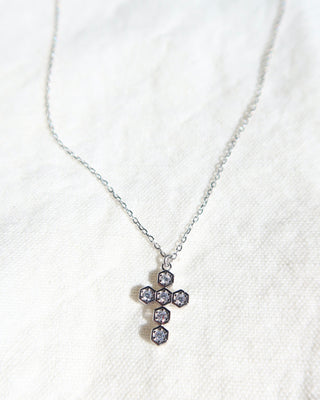 sterling silver 925 chain necklace with a hexagonal cubic zirconia cross pendant made in Greece. Greek jewelry