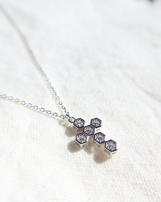 sterling silver 925 chain necklace with a hexagonal cubic zirconia cross pendant made in Greece. Greek jewelry