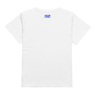 Back of white short-sleeve women's t-shirt that has small blue Aegean Essence logo at the top back